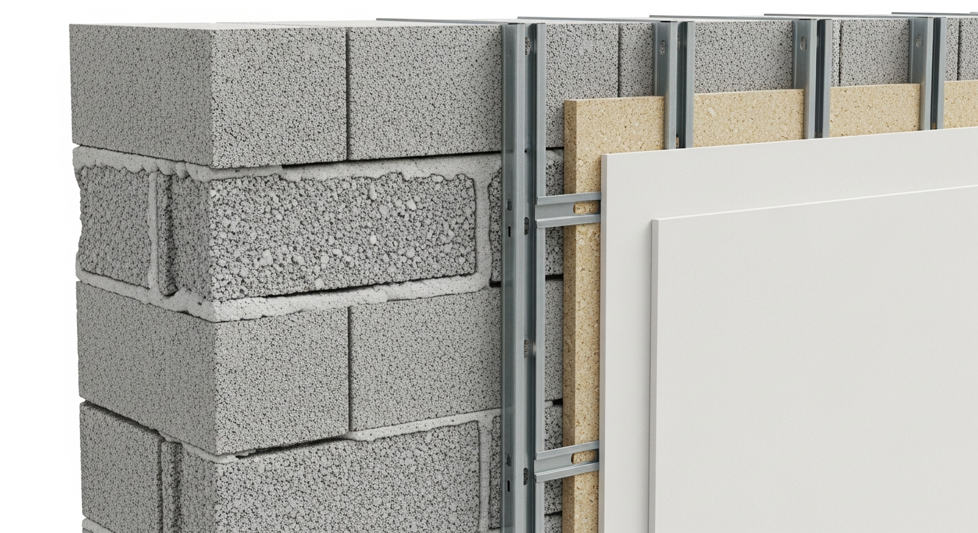 Coupe sur un mur parpaing avec un vide d'air et un placostyle ossature matalique + plaque de placopalatre